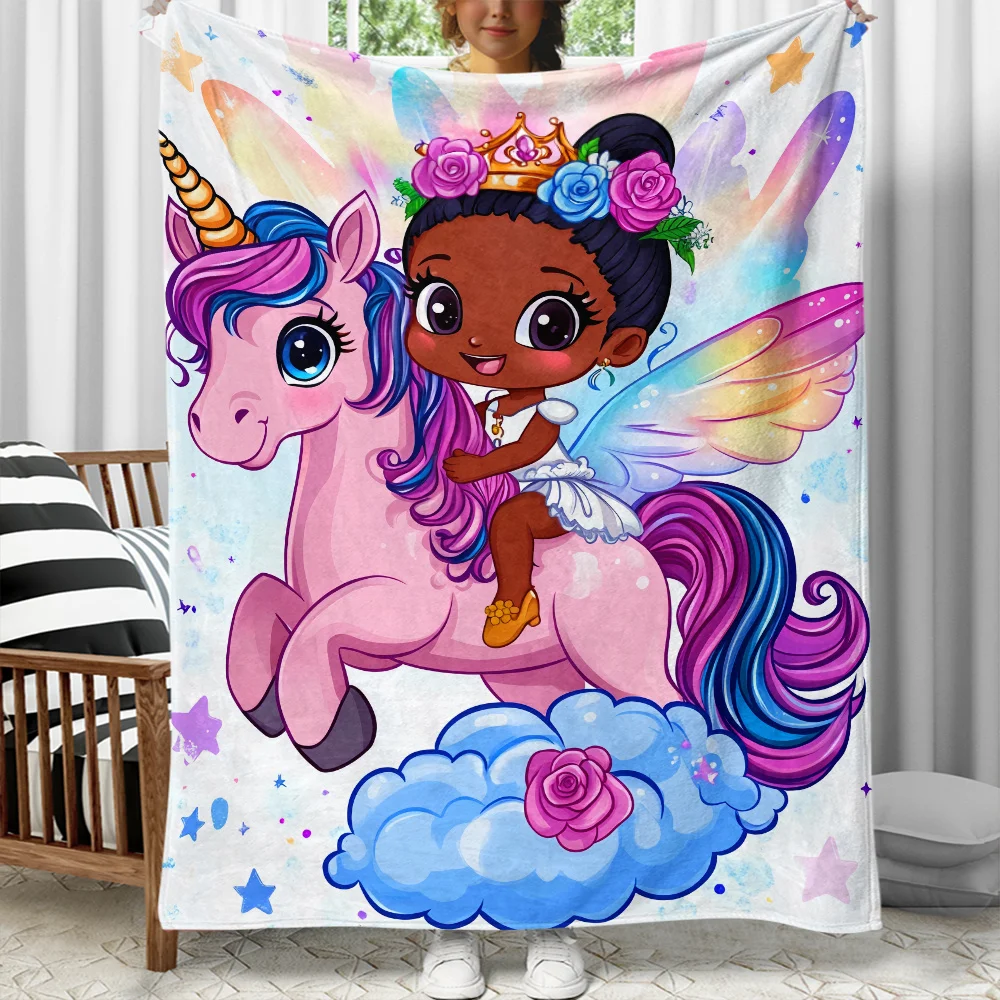 Unicorn Fairy Riding Black Girl Blanket Magical Fantasy Theme Rainbow Wings Soft Flannel Throw Blanket for Kids Girls Bedroom