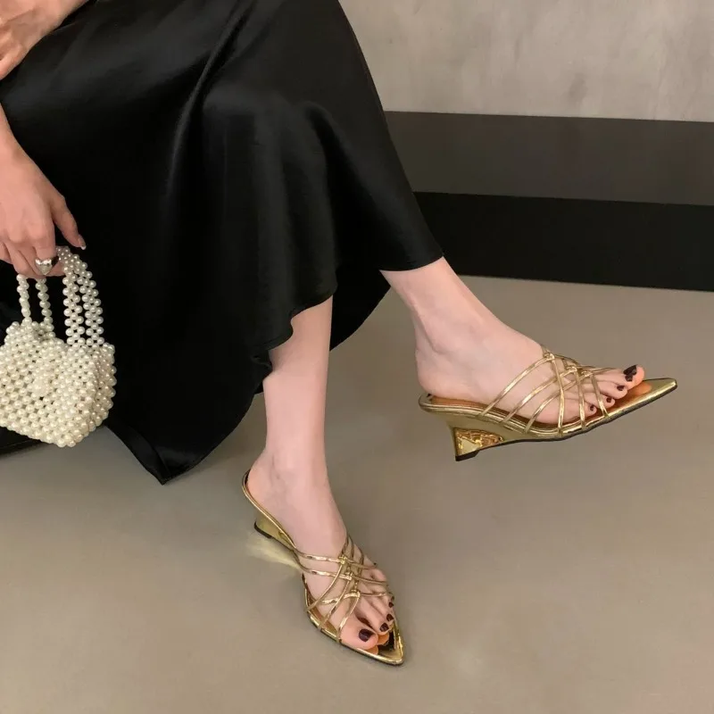 

French Pointed-toe Elegant Thin Strap Wedge Sandals - New Summer Outerwear for Women, Perfect with Skirts, One-strap Sandals