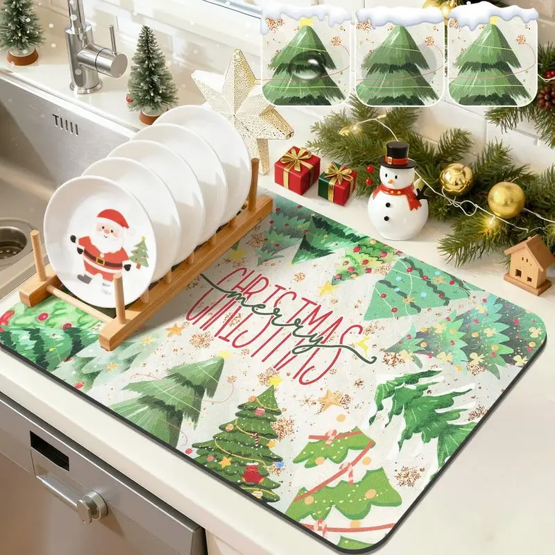 VIKAMA Pine Tree Dish Drying Mat Absorbent Non Slip Winter Forest Snow Star Plate Pad for Sink Counter 2027 Christmas Home Decor