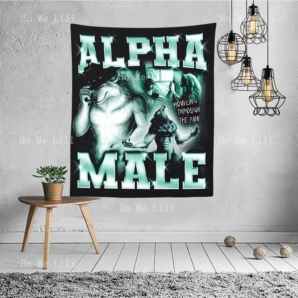 Alpha Male Ironic With Wolf Graphic Unicorn Rainbow Funny Tapestry For Bedroom Living Room Modern Fashion Design Tapestries