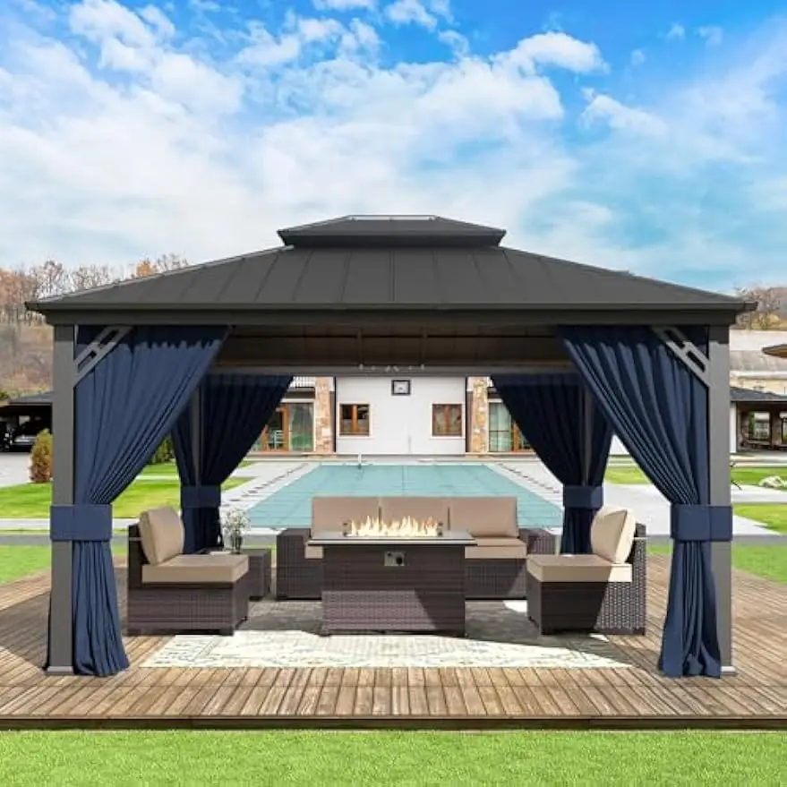 12' x 14' Hardtop Gazebo, Outdoor Iron Metal Double Roof Pergola with Curtains and Netting for Patio, Garden, Lawn, Navy