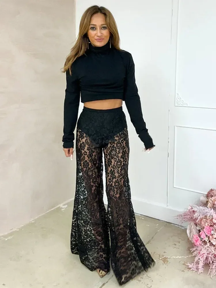 Sexy Women Sheer Lace Pants Transparent Y2K High Waist Wide Leg Flare Pants Ladies Bell-Bottoms Trouser 2025 New Club Streetwear