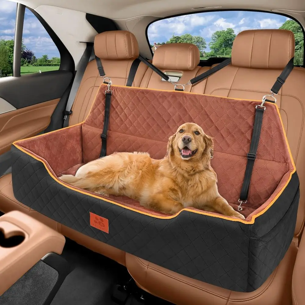

Pet Car Seat for Large Dogs Under 100 lbs: Memory Foam Bed with Detachable, Washable Cover and Storage Pockets, Includes 2 Safet