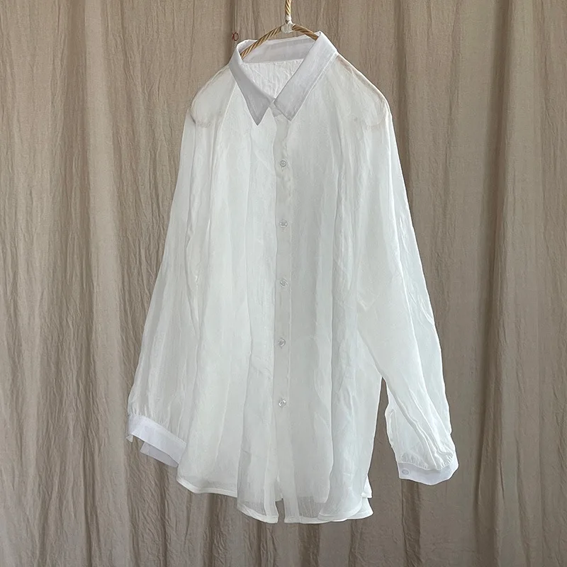 ผู้หญิง Causal Breathable Ramie เสื้อและเสื้อ Turn-Down COLLAR แฟชั่นสีแขนยาวฤดูใบไม้ผลิเสื้อใหม่ปุ่มเสื้อหลวม