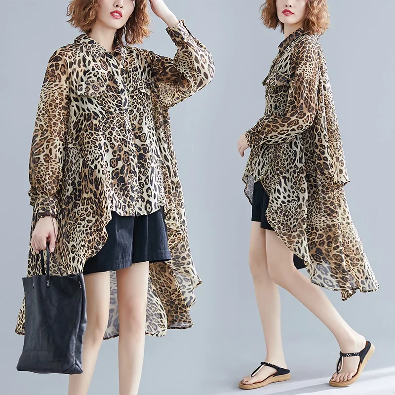 Women\'s short front and long back leopard print chiffon shirt loose and slimming thin sun protection clothing plus size