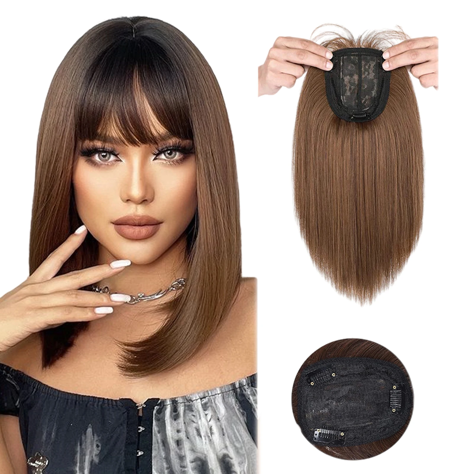 14 "Topper per capelli sintetici Wiglet Hair Enhancer con frangia dritta 3 clip nelle estensioni dei capelli lisci pezzo di chiusura dei capelli