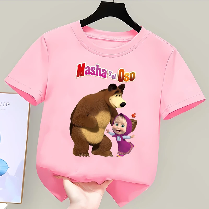 Mashas and The Bears Children Short Sleeve T Shirts Girls Summer Casual Top Cartoon Character Print Polyester Tees Kids Clothing