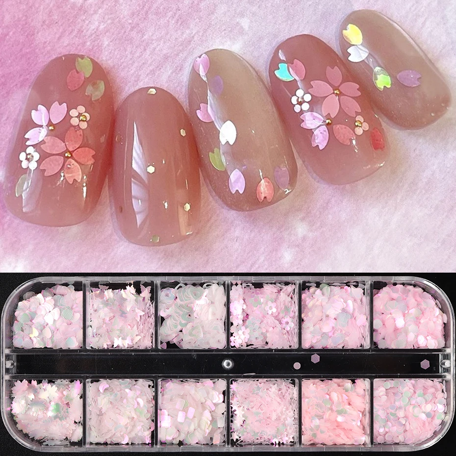12 Grids Sweet Aurora Cherry Blossom Nail Art Sequins Holographic Romantic Japanese Korean Heart Butterflies Glitter for Nails
