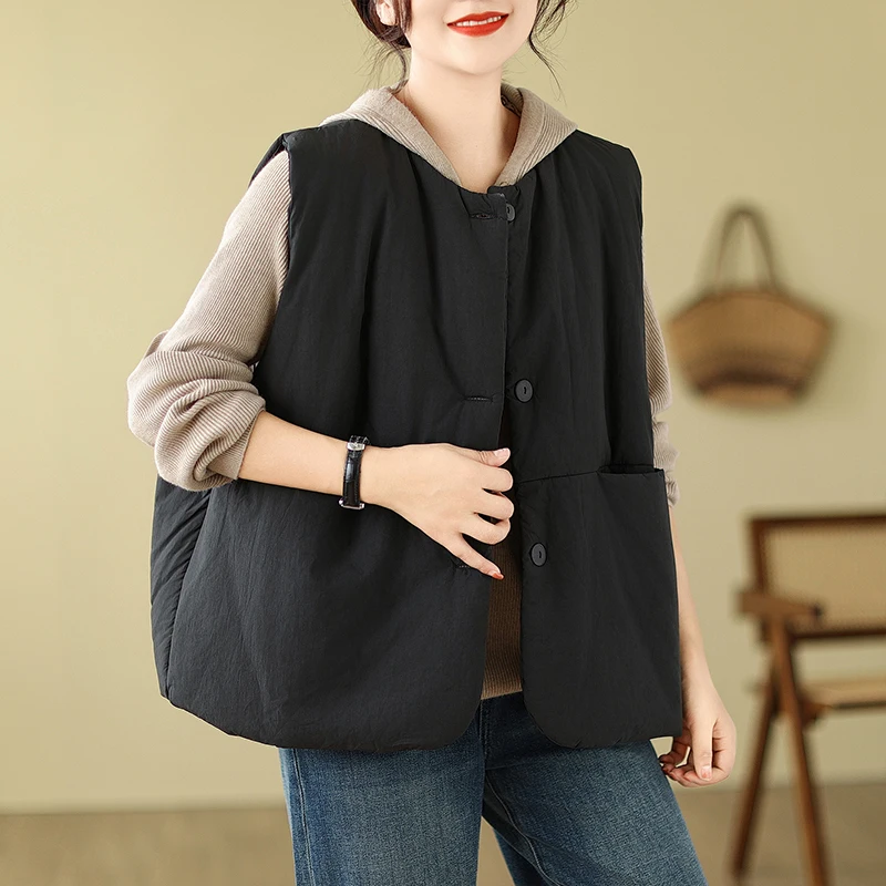 

Warm Cotton Jaet Women's Faionable Vintage Color ort Loose Outerwear Vest Thiened round Ne Single Button Closure