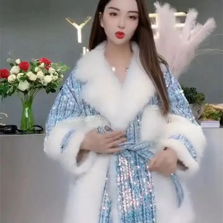 

Thiened Long V-ne Winter Coat Women's Faionable Plu Outerwear Long Sve Mid-length Coat Fur Skin Cleanfit Sle