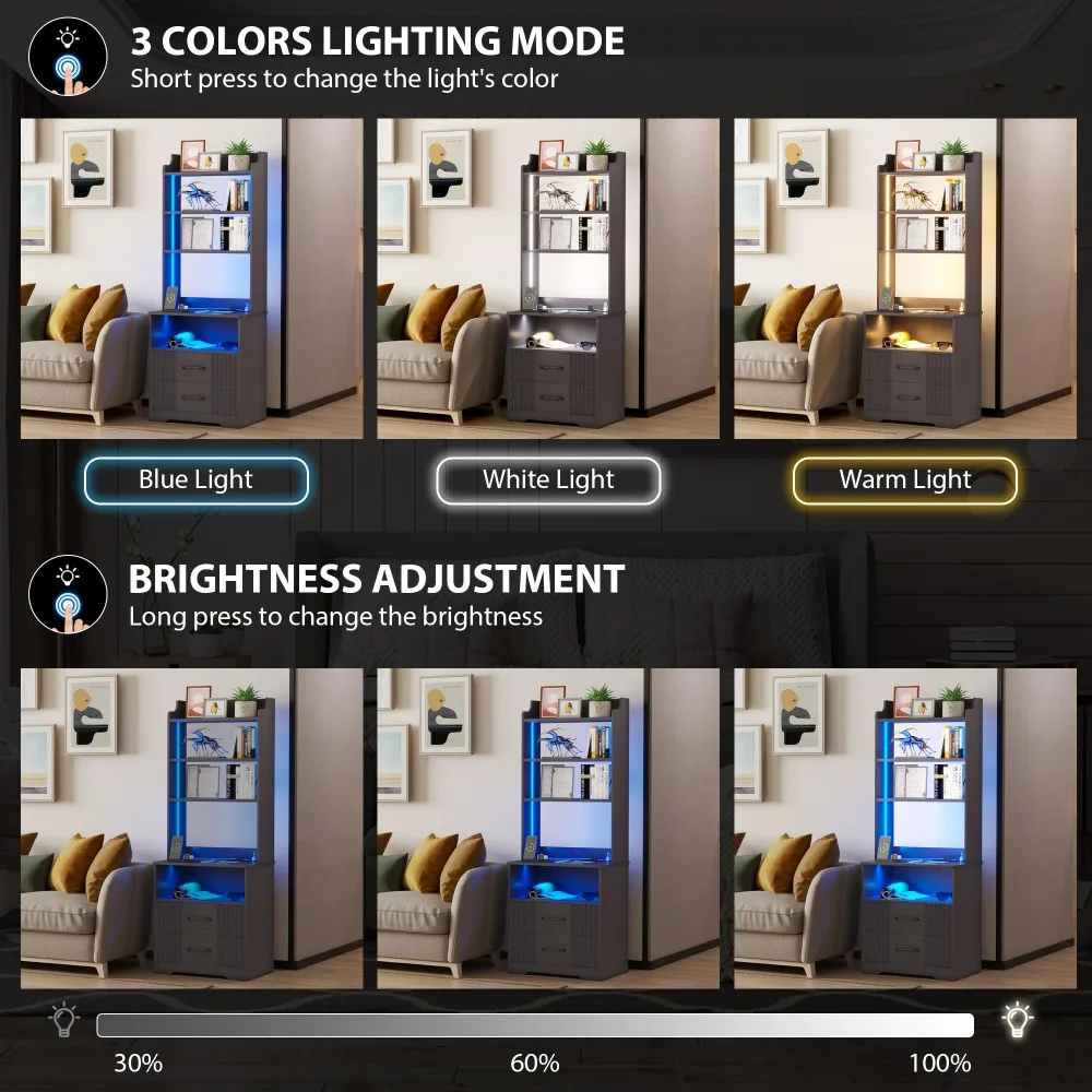 2024 New Tall Nightstand with Charging Station, 54" Smart Nightstand with LED Lights, Bedside Tables with Storage Cabinet