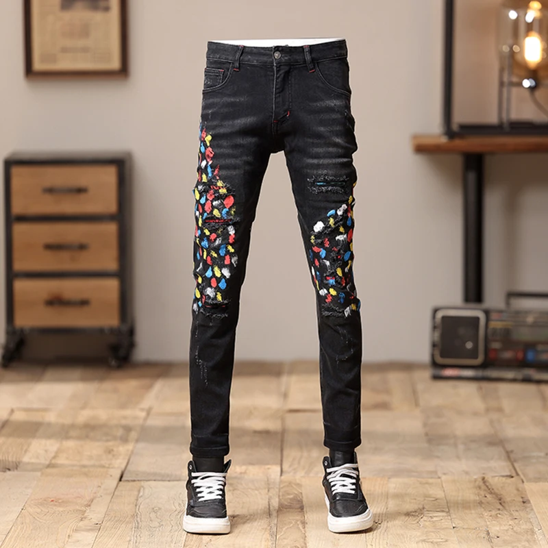

Y2K designer fashion men's jeans scratch washed black elastic slim fit retro printed jeans pants hombre