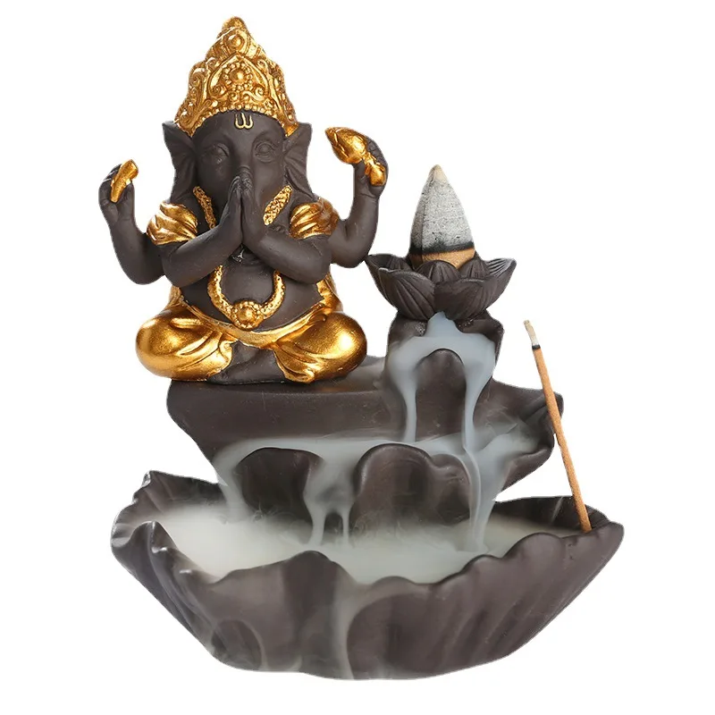 Ganesha Elephant God Backflow Incense Burner Ceramic Gold Accent Waterfall Holder For Cone Stick Incense Home Decor Meditation
