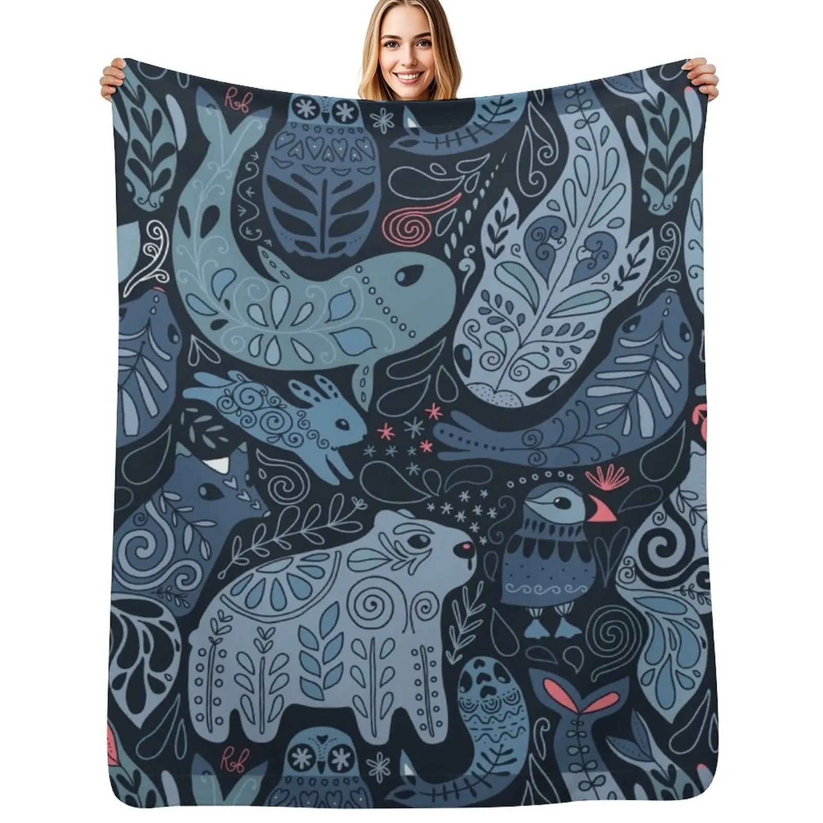 Arctic animals. Narwhal, polar bear, whale, puffin, owl, fox, bunny, seal. Throw Blanket Winter beds Blankets For Sofas Blankets