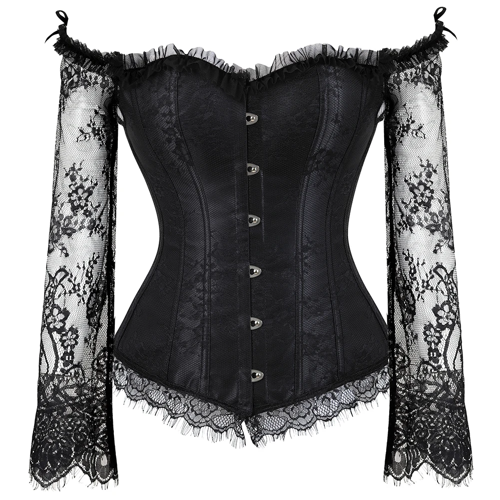 Women Corset Top Off Shoulder Floral Lace up Bustiers Vintage Victorian Sexy Overbust Long Sleeve Corset