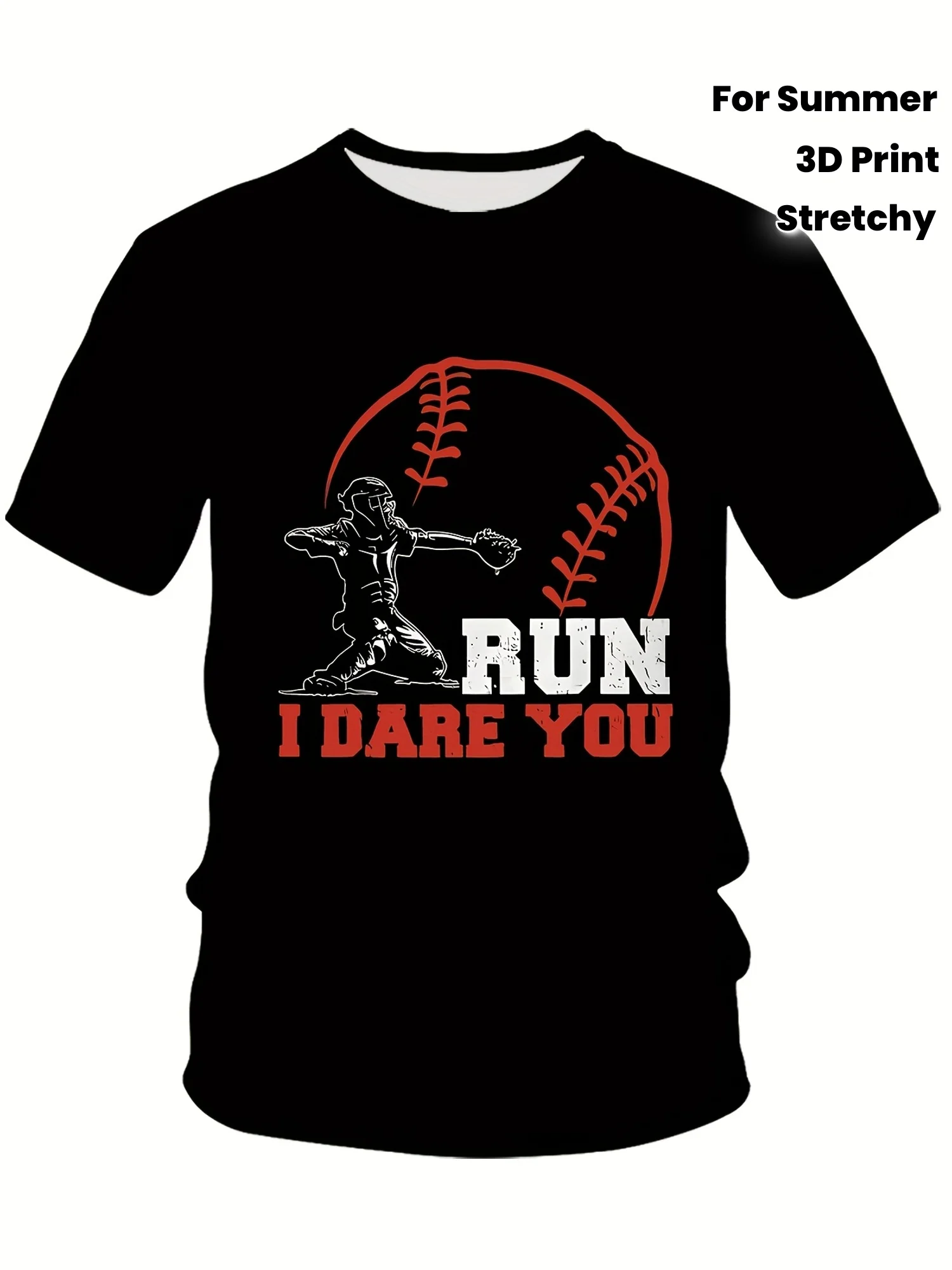 

Футболка Baseball Catcher для мальчиков — короткий рукав с 3D-принтом, смесь полиэстера, повседневный круглый вырез, эластичный летний топ, черный с надписью «RUN»