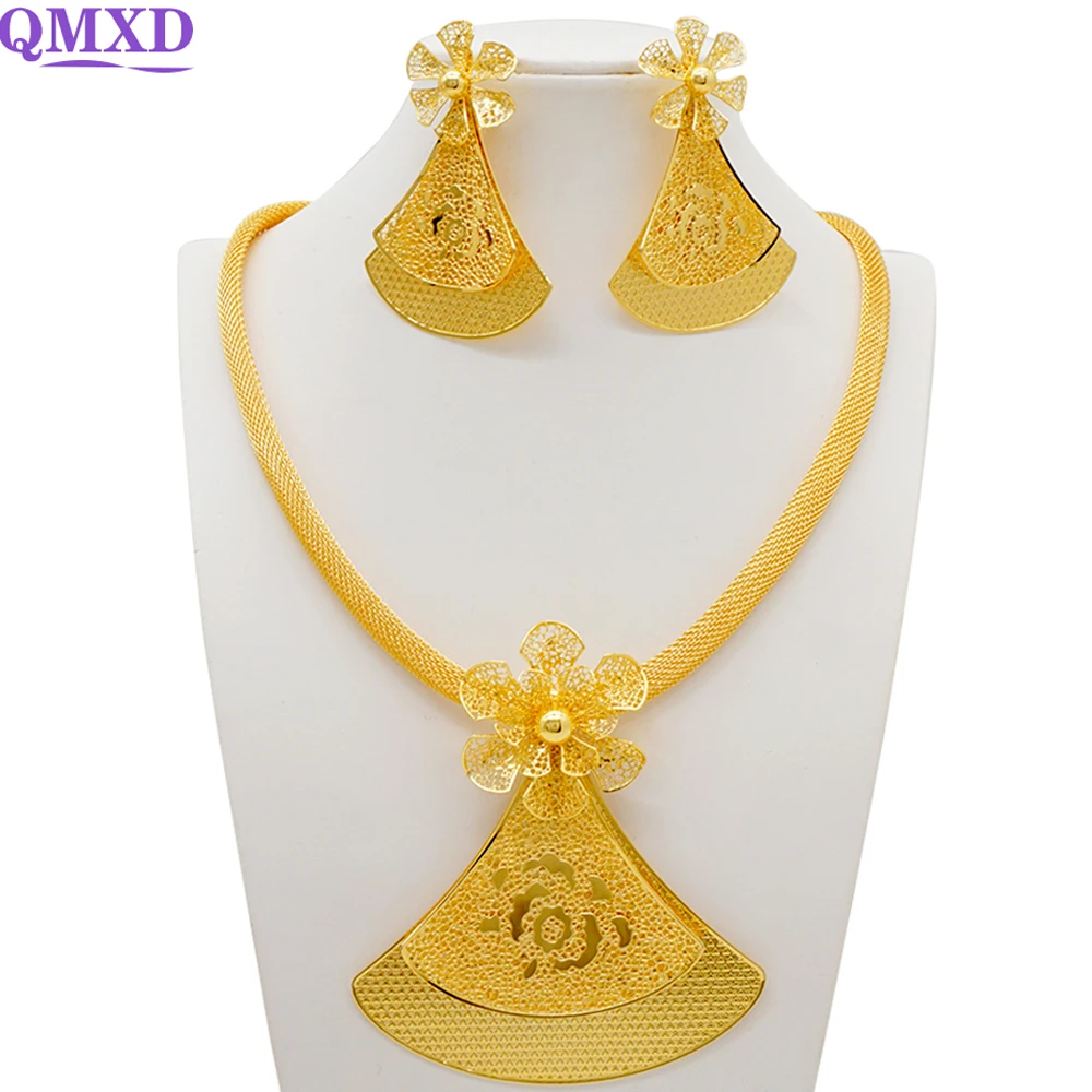 

Fashion Gold Color Necklace Earrings Sets For Women Big Pendant 2PCS African Dubai Jewelry Sets Wedding Bridal Dowry Jewelry
