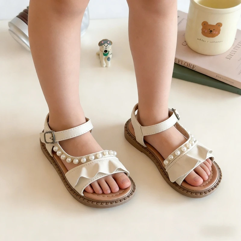 Girl Princess Dress Sandals Summer Wedding Party Children Flat Shoes with Ruffle Pearl Trim Non-slip Perform Kids Beach Sandals
