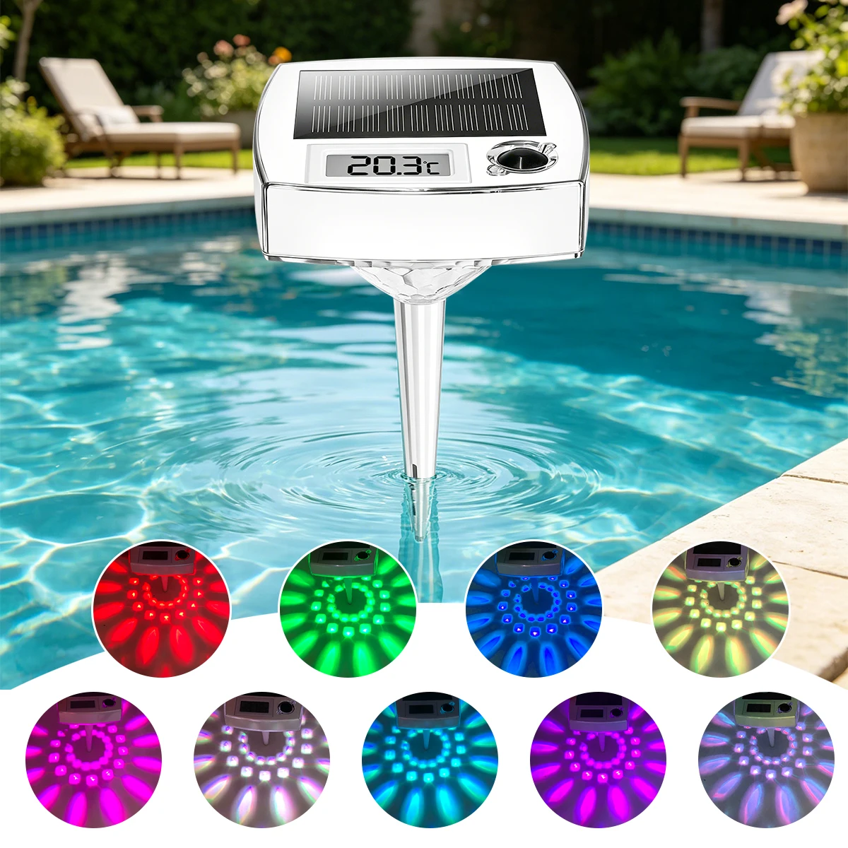 Solar Charging Pool Thermometer Light 9 Color Modes with Digital Temp Display IP68 Waterproof Floating for Swimming Pool Spa