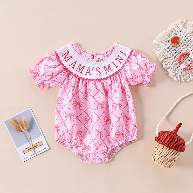 Newborn Baby Girl Romper Mamas Mini Bow Plaid Print Puff Sleeve Smocked Bubble Romper Jumpsuit Bodysuit Clothes