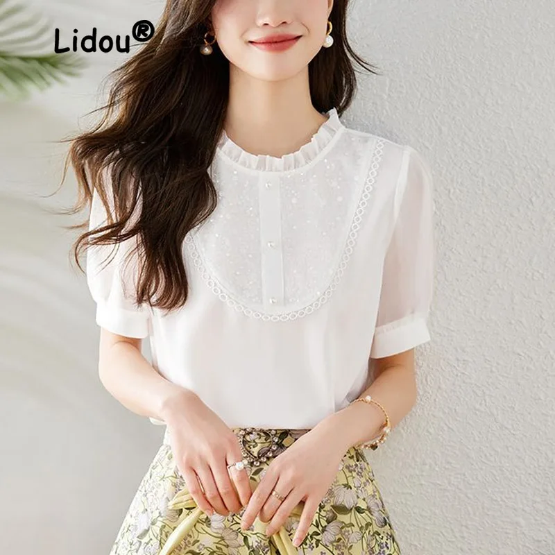 Elegant Solid Color Summer Loose Blouse Women Short Sleeve Fungus Side O-collar Pearl Button Decoration Pullover Shirt 2023