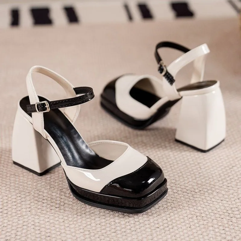 

Color Block Block Heel Sandals Women's Fashion Square Toe Shallow Mouth One Strap Platform Non-Slip Wear-Resistant High Heels