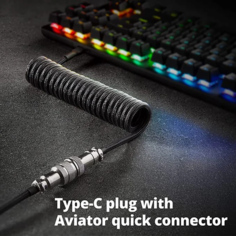 104keys Aviator Wire Type-C Keyboard Aviation Connector Usb Cable  Coiled  1.8m Custom Usb Port Data Spiral Cable for Computer