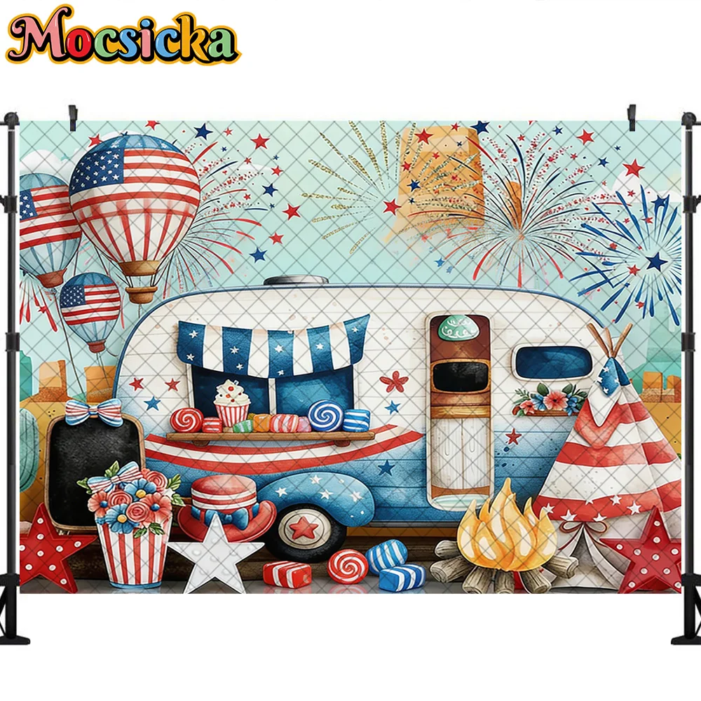 Mocsicka Photography Backdrop Independence Day Stars Stripes Bus Decoration Baby Shower Cake Smash Backgrounds For Photographs