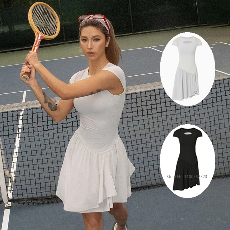 Women Cap Sleeve Slim Tennis Dress Hollow Out Irregular Pleated Golf Dress Ladies Quick-dry Workout Yoga Skirts with Inner Short