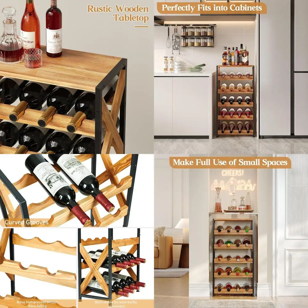 

5-Tier Stackable Wine Rack with Wooden Top for Freestanding Floor Storage in Kitchen, Cellar, and Living Room
