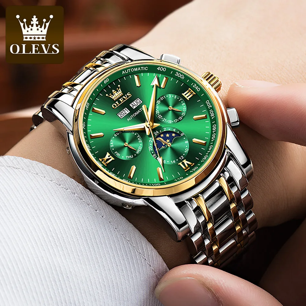 OLEVS Luxury Automatic Mechanical Watch Man Moon Phase Watches Waterproof Double Calendar Stainless Steel Strap Male Wrist watch