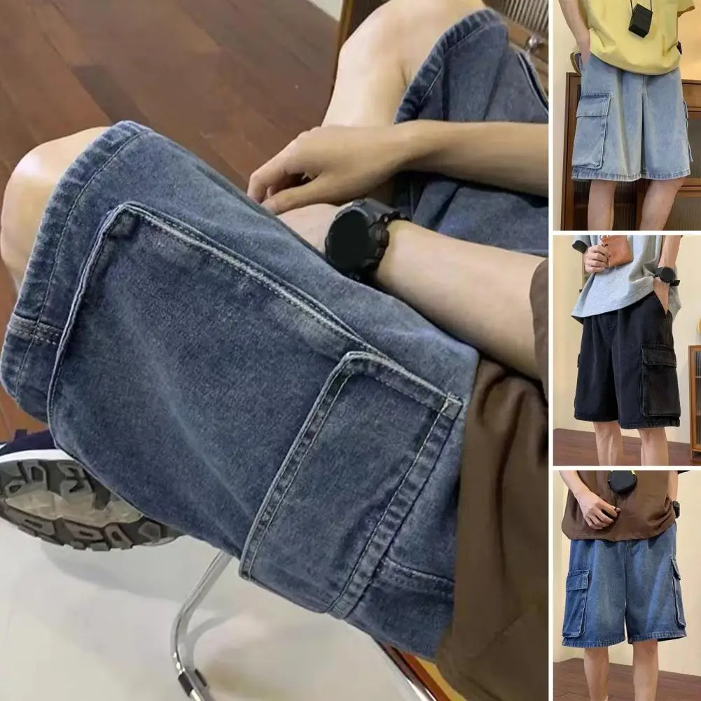 Denim de bolso Harajuku coreano vintage masculino curto, streetwear de verão, shorts jeans, calças cargo hip hop, calças extragrandes, roupas masculinas