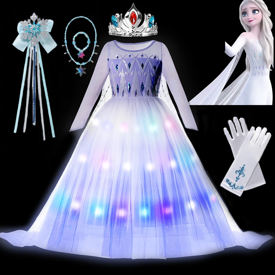 

Disney Frozen Elsa Princess LED Light Up Dress Girls Halloween Carnival Party Clothing Kids Cosplay Snow Queen Children Costume