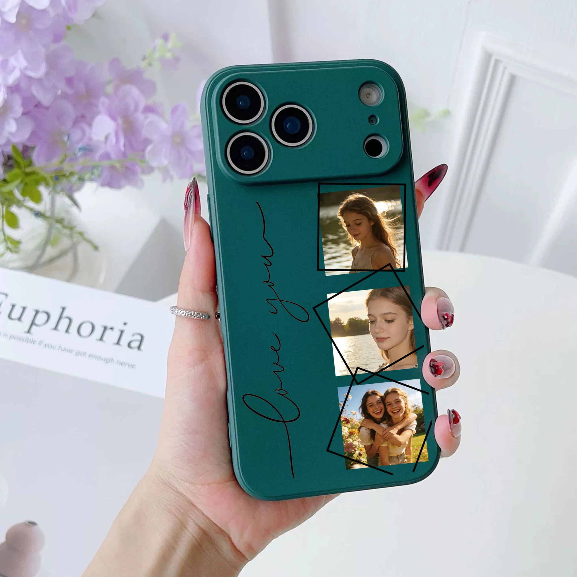 Op maat gemaakte hoes voor iPhone 17 16 15 14 13 12 11 Pro Max Plus Air met drie of vier foto's van familie, vrienden of koppels, van vloeibare siliconen gel.