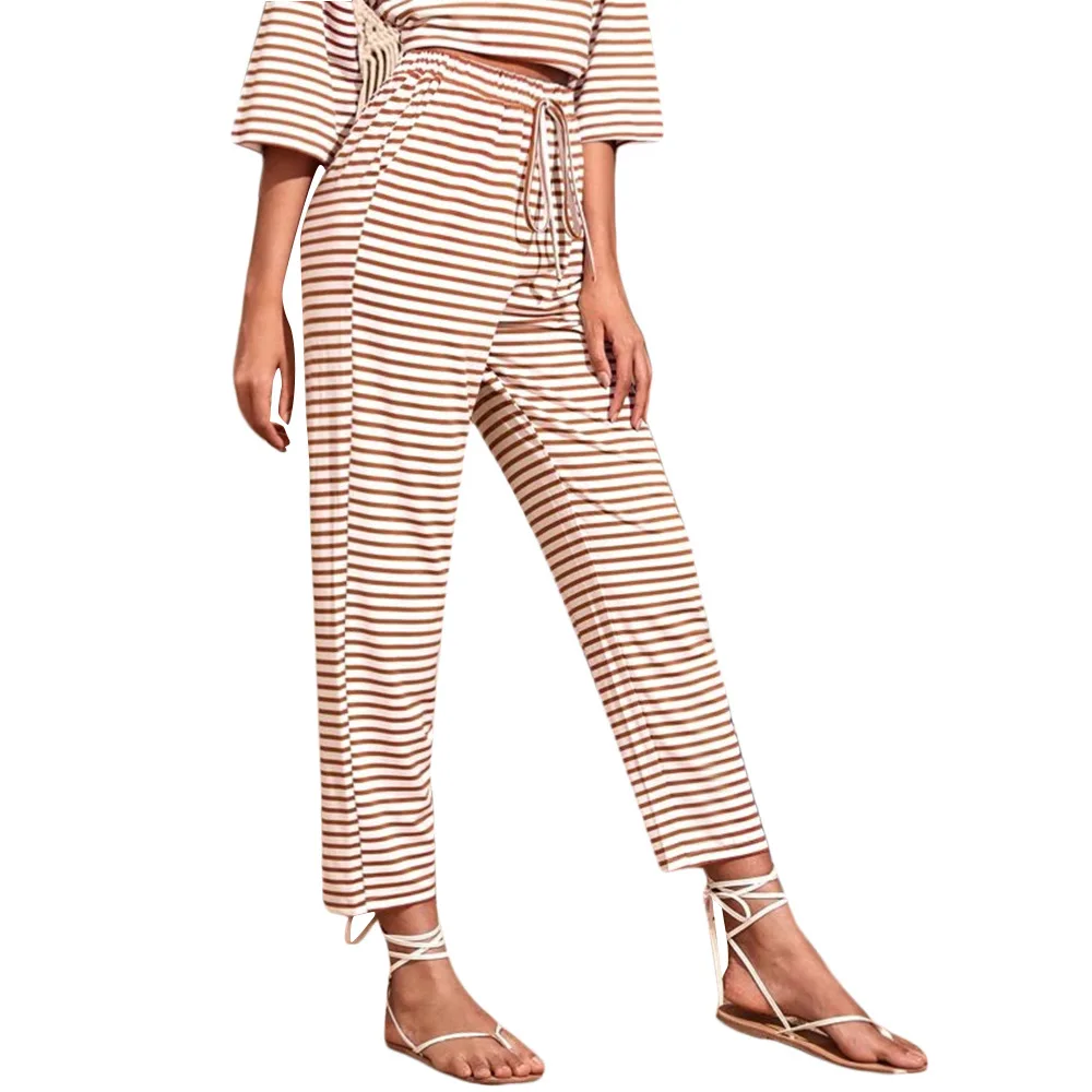 European and American New Instagram Qomen's Casual Home Striped Loose Straight Cropped Pants