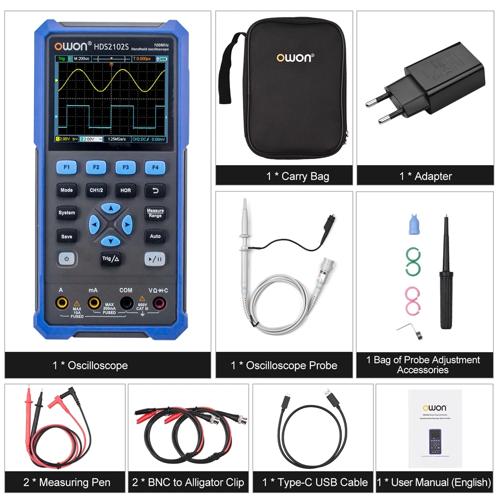 OWON HDS2102S Handheld Digital Oscilloscope 500MSa/s 8Bits 100MHz Bandwidth 2CH + 1CH Generator True-RMS Multimeter Osciloscopio