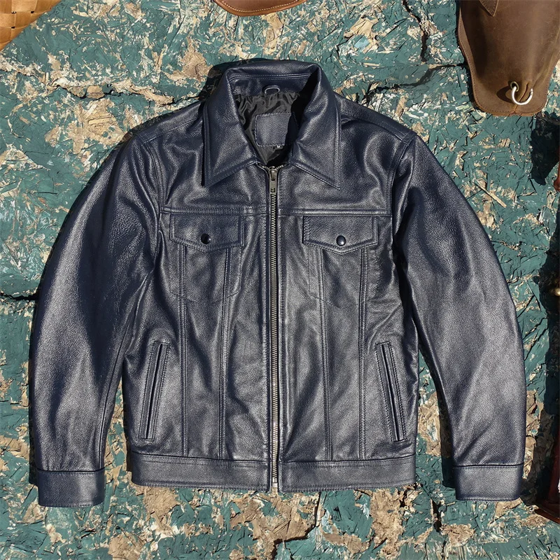 

Genuine Cowhide Leather Jaet Men's Slim Fit Denim Sle Stand Collar Biker Vest Autumn Faion Busin Casual ort Coat