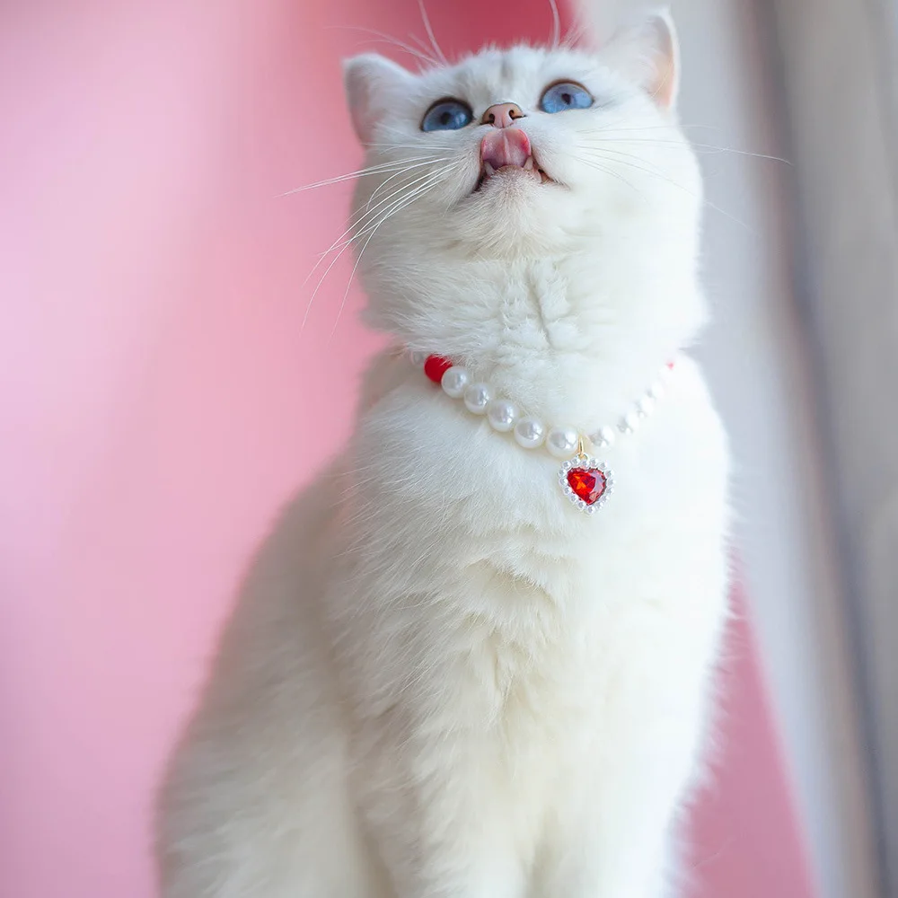 Pet Pearl Collar Cat Necklace Pendant Pink Heart Shape Crystal Pet Accessories Elegant Princess Cat Dog Cute Sweet Decoration