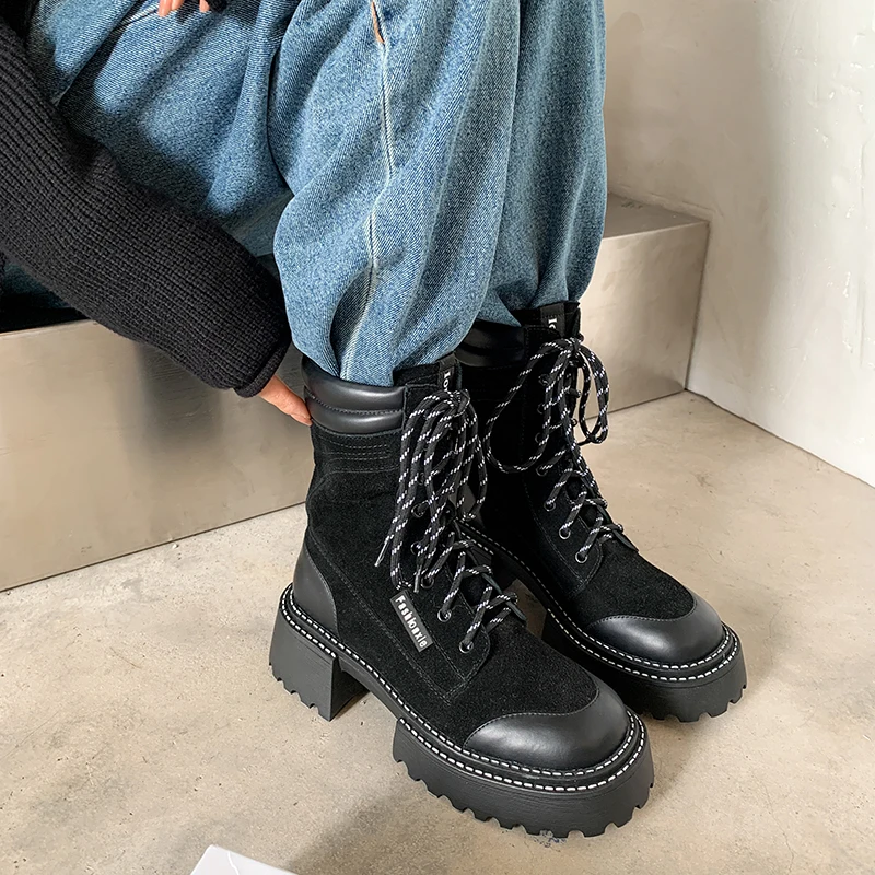 Bottes de chevalier en cuir cousues pour femmes, baskets rétro, semelle optique, sangle rehaussée, style punk, voiture, nouveau