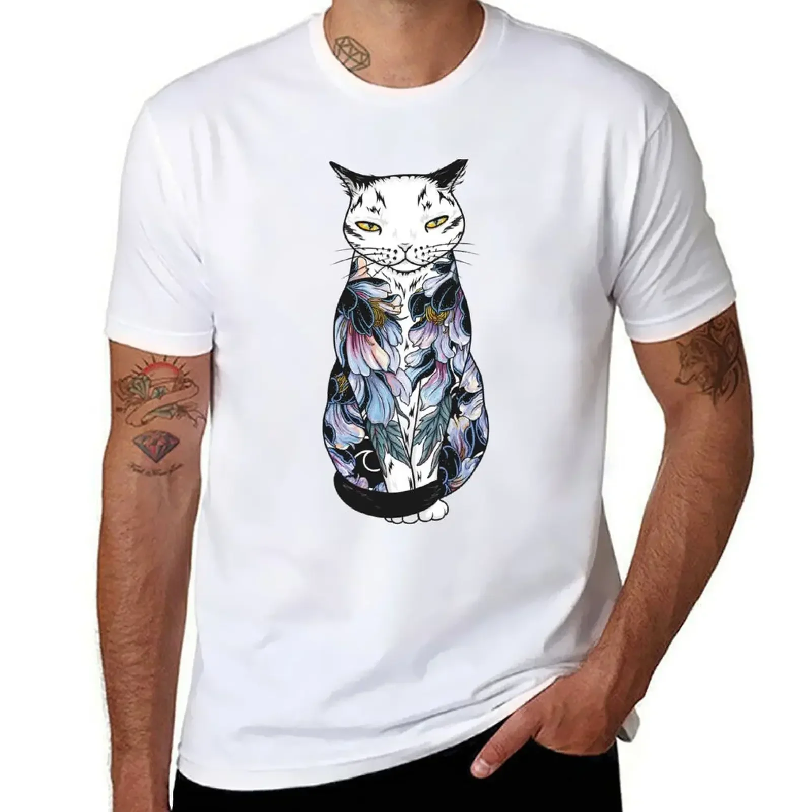 Cat in cosmic black peonies tattoo T-Shirt plain designer shirts customs anime t shirts Men's t shirts