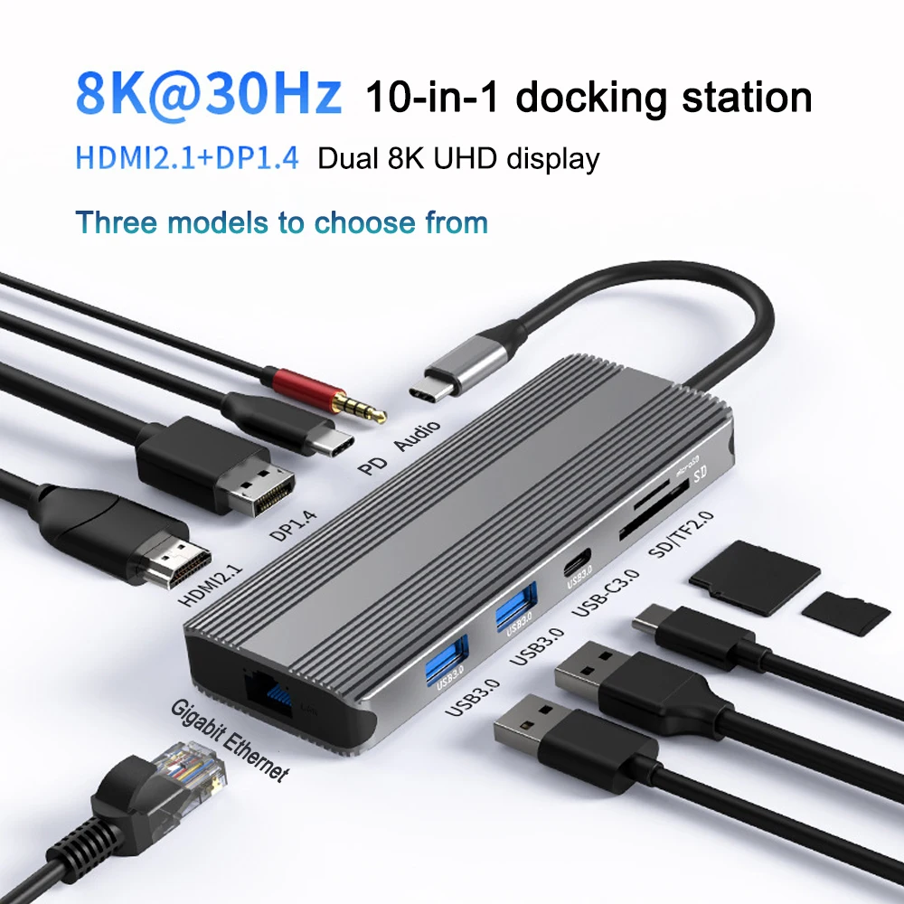 

Type-c Docking Station Dual HDMI + DP 10-in-1 Gigabit Network Port 3.5mm Audio PD Charging USB 3.0 Splitter HUB PC Accessories