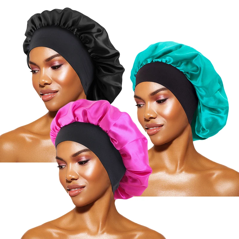 3 TEILE/LOS Frauen Satin Nacht Schlaf Haar Kappen Breites Band Feste Elastische Motorhaube Kopf Abdeckung Schlafen Hut Dusche Kappe Haar Zubehör – Detail 9