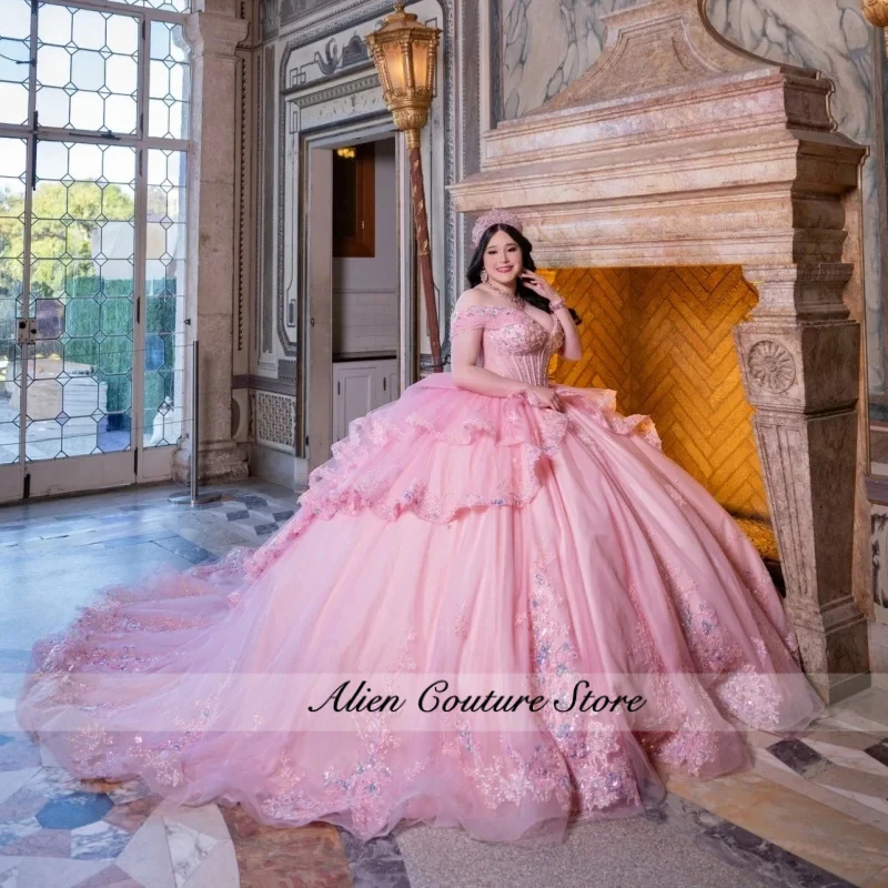 

Pink Quinceanera Dress off-shoulder Glitter Crystal Decal Layering Long tail Bow vestidos de 15 Quinceanera ﻿Customized
