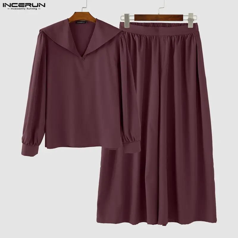 

INCERUN Мужские комплекты Однотонный темно-синий воротник Рубашка с длинным рукавом и брюки Комплекты из двух предметов Уличная одежда Свободные модные повседневные мужские костюмы