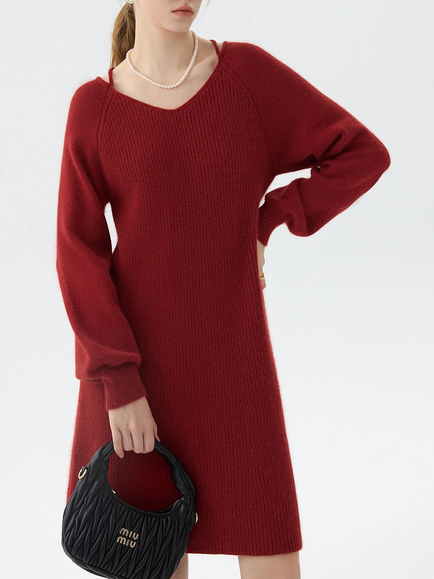 FSLE 8% Sheep Wool V-neck Red Elegant Sweet Style Knitted Dress For Women 2024 Winter New Design  Long Sleeves Dress 24FS14372