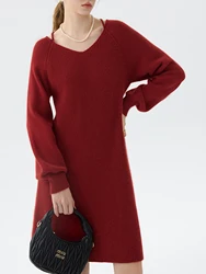 FSLE 8% Sheep Wool V-neck Red Elegant Sweet Style Knitted Dress For Women 2024 Winter New Design Long Sleeves Dress 24FS14372