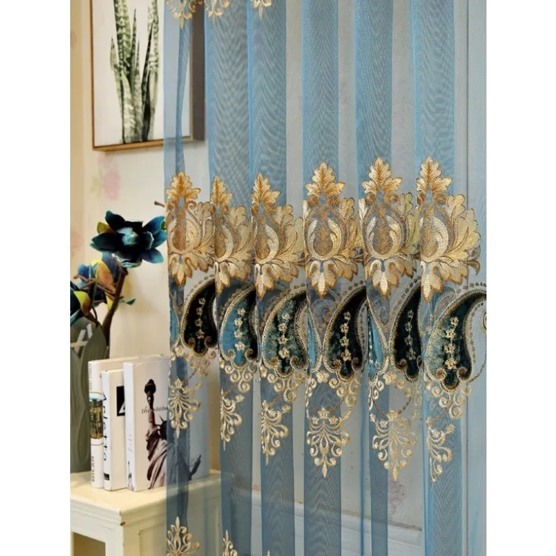 European High-end Embroidery Semi-blackout Blue Gauze Curtains Living Room Bedroom Balcony Curtains