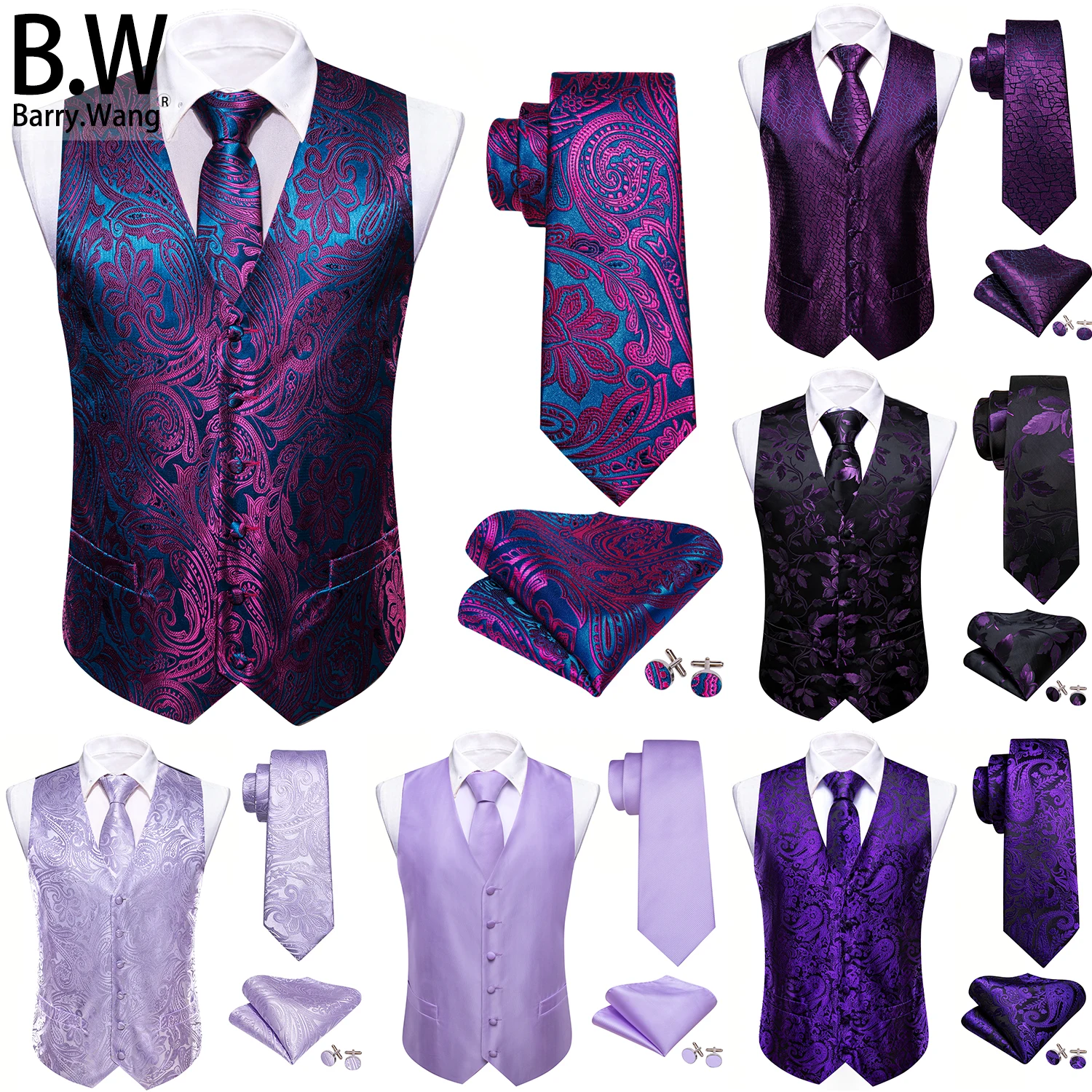 Barry.Wang-colete de seda sem mangas para homens, conjunto de abotoaduras Hanky, colete tecido, jaqueta, colete, gravata, roxo lilás, violeta, lavanda, casamento, negócio