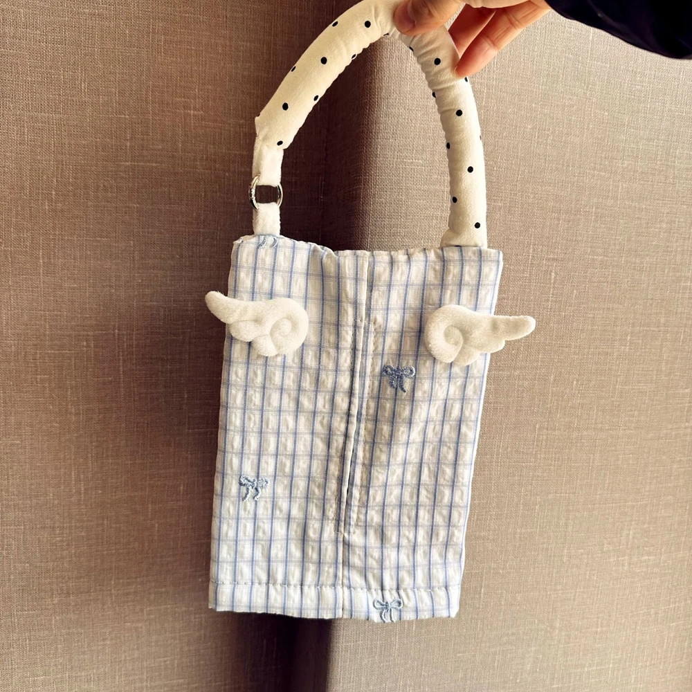 Creative Hanging Tissue Bag Angel Wings Pink Bow Design Wall Mounted Tissue Holder Storage Bag Automotive Home Use Tissue Cover