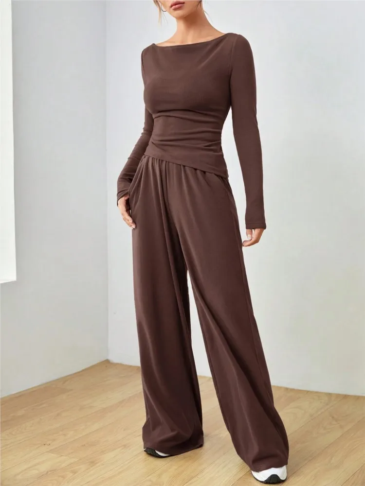 Set casual solido per le donne Moda O Collo Pullover a maniche lunghe Top e pantaloni a gamba larga Set da due pezzi Lady Autunno Inverno Nuovo